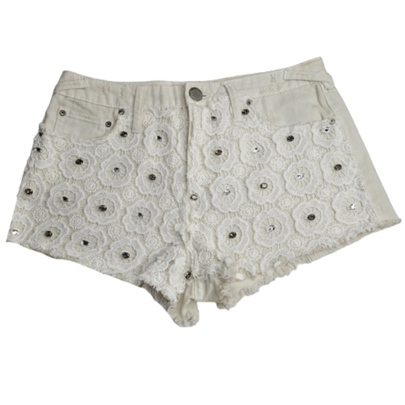 Free People Pants - Free People White Lace and Jewled Denim Shorts
